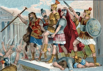 Vespasiano (en latín Titus Flavius Vespasianus) (9-79) fue proclamado emperador por sus soldados. Cromolitografía alrededor de 1890