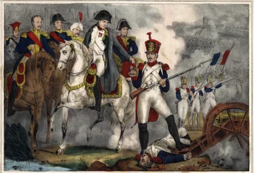 Víctor recibió de Napoleón I la Cruz de la Legión de Honor y el rango de Capitán en el campo de batalla de Wagram por su valentía, grabado principios del siglo XIX