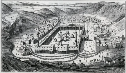 Vista de La Meca y su gran mezquita en el momento de la visita de los peregrinos - grabado del siglo XIX