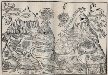 Vista del Monte Sibille (Paraíso de la Reina Sibila) (Mapa doble del Monte Pilato y el Monte Sibila) - Antoine de La Sale, escritor satírico francés del siglo XV