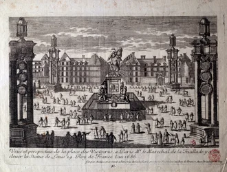 Vista de la Place des Victoires en París con la estatua de Luis XIV levantada por el mariscal de la Feuillade en 1686. Grabado del siglo XVII. París, Museo Carnavalet