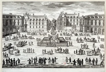 Vista de la Place des Victoires en París con la estatua de Luis XIV levantada por el mariscal de la Feuillade en 1686. Grabado del siglo XVII