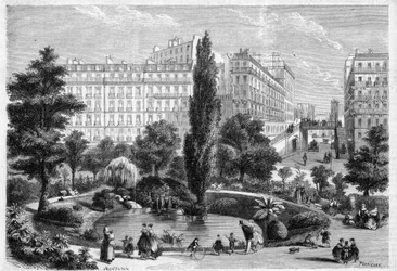 Vista de la Plaza Montholon y el puente de la Rue Bellefond en París en el 9º distrito. Grabado en “L