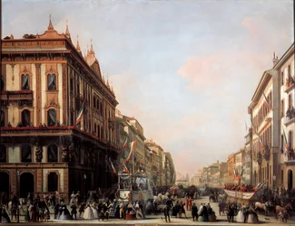 Vista de la calle Venezia con carroza de carnaval, Milán (pintura)