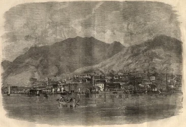 Vista de la ciudad de Victoria en Hong Kong. Grabado en "The Illustrated London News" del 14 de marzo.