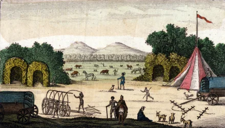 Vista de un campamento holandés (de pioneros bóers o voortrekkers, afrikáners) en Pampoen Kraal, Provincia del Cabo, Sudáfrica. 1860