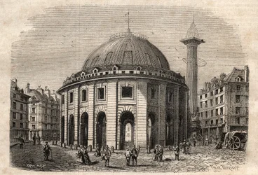 Vista de la Halle au Blé en París (construida entre 1763-1769) y la columna Médici, grabado a principios del siglo XIX