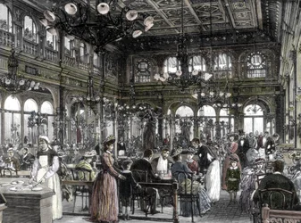 Vista de uno de los restaurantes (bouillon), comedor obrero barato, fundado por Alexandre Duval en París 1880 - 1885. Siglo XIX (grabado)