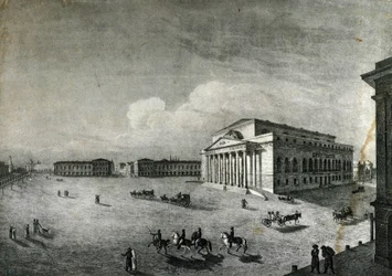 Vista del Teatro Bolshói en Moscú alrededor de 1840. Rusia.