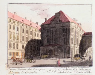 Vista del Teatro de la Corte cerca de la Puerta de Carintia (Karntnertortheater o Theater am Karntnertor) en Viena donde se representó por primera vez la 9ª Sinfonía de Beethoven el 07/05/1824. Austria. Grabado de 1815 Colección privada