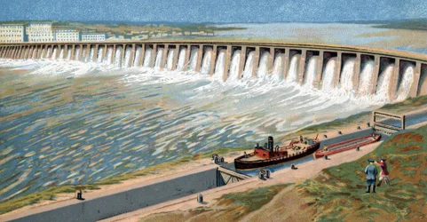 Vista de la central hidroeléctrica del Dniéper o presa de Dneprostroi construida para estimular la industrialización soviética por Iosef Stalin en 1932 Cromolitografía