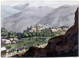 Vista del Escorial, palacio y monasterio de España, construido bajo Felipe II entre 1563 y 1584. Litografía del siglo XIX