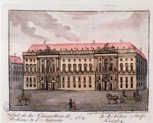 Vista del Hotel de la Cancillería de Bohemia y Austria en Viena, Austria. Grabado de 1815. Colección privada