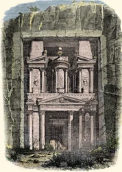 Vista del Khazneh (el Tesoro) de Petra en Jordania, antigua capital del Imperio Nabateo. Grabado del siglo XIX