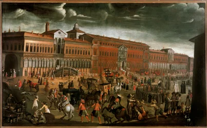 Vista del Ospedale Maggiore (Gran Hospital) el día de la Fiesta del Perdón en Milán. Hoy es la Universidad Estatal. La plaza está animada por vendedores, locales, mendigos, ladrones y procesiones religiosas. Pintura anónima alrededor de 1670-1780