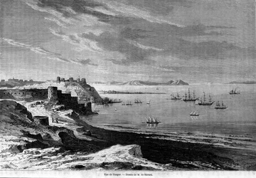 Vista de la bahía de la ciudad fortificada de Tánger y la costa, Marruecos. Grabado de 1860.