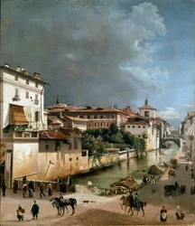 Vista del canal entre el puente Porta Romana y el puente del hospital en Milán