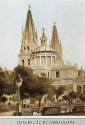Vista de la catedral de Guadalajara en Ciudad de México, México. Cromolitografía del siglo XIX