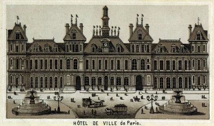Vista del ayuntamiento de París y la Plaza. Cromolitografía de finales del siglo XIX.
