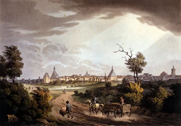 Vista de la ciudad de Leipzig en Alemania. Litografía de alrededor de 1820.
