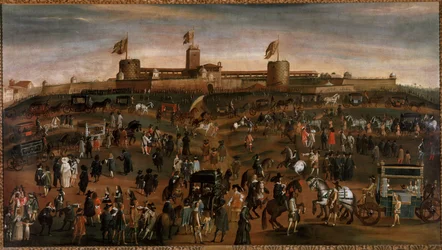 Vista de la ciudad de Milán, del castillo de los Sforza (Castello Sforzesco) y tráfico de carruajes. Pintura anónima alrededor de 1660-1670. Milán, Museo de Milán.