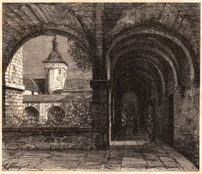 Vista del claustro de la abadía de Solesmes desde la galería, Sarthe, Francia
