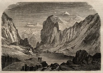 Vista del país de Davos en Suiza en el siglo XIX - grabado en "Diccionario popular ilustrado" - 1864 - por Joseph Decembre y Edmond Allonier -