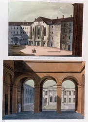 Vista del patio de la Academia de Neustadt y los baños públicos en Viena. Austria. Grabado de 1826 Colección privada