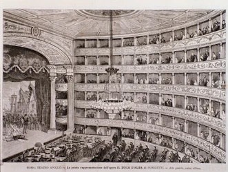 Vista de la primera representación de la ópera El duque de Alba, en el Teatro Apollo, Roma