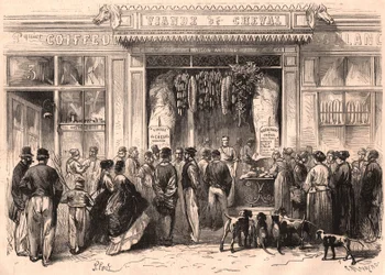 Vista del frente de una carnicería de carne de caballo en París, Francia