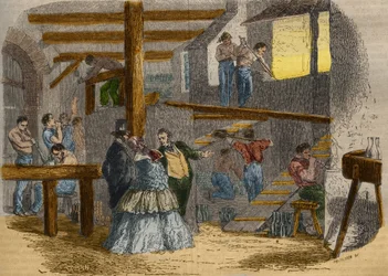 Vista del interior de una cristalería con sopladores de vidrio. Grabado de 1856 en "Le Musee Des Sciences"