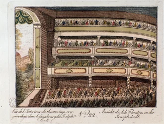 Vista del interior del Teatro Imperial en el distrito de Josephstadt en Viena. Austria. Grabado de 1815. Colección privada
