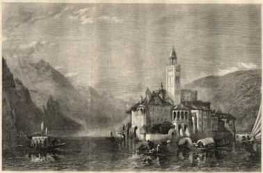 Vista del monasterio Mater Ecclesiae en la isla de San Julio en el lago Orta en Italia. Grabado después de una pintura de William Collingwood Smith (1815-1887). En “The Illustrated London News” del 22 de marzo