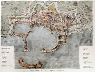Vista del puerto de Civitavecchia cerca de Roma. Siglo XIX