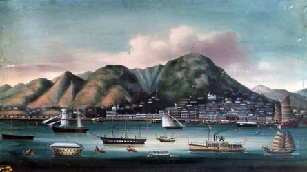 Vista del puerto de Hong Kong (veleros y barco de vapor)