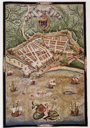 Vista del puerto de Le Havre en 1583 - de un manuscrito iluminado por Jacques Delvaux, piloto de la Marina, dedicado al Almirante de Joyeuse