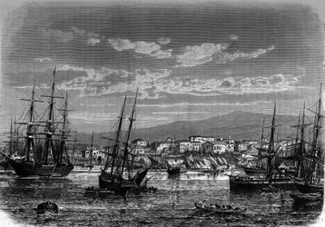 Vista del puerto de Pireo en Grecia. Grabado en “The Journal of Youth”.