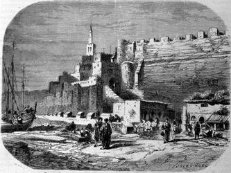 Vista del puerto de la ciudad fortificada de Tánger y la costa, Marruecos. Grabado de 1860.