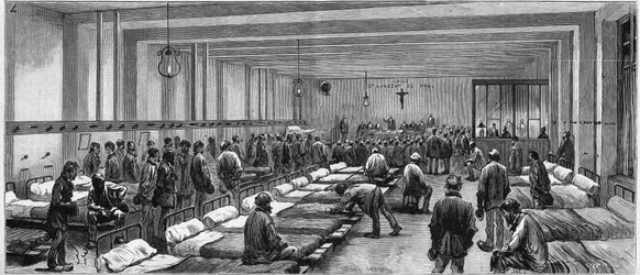 Vista del refugio de la Hospitalité por la noche en 59 rue de Tocqueville en París