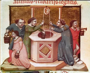 Aldeanos sacando agua del pozo Miniatura del Código de Justiniano (Codex Justinianus)