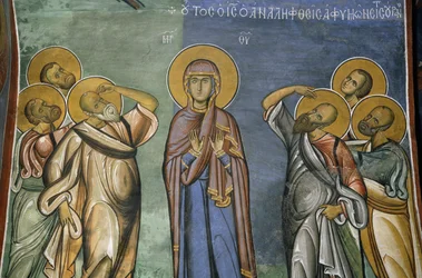 Virgen María entre los elegidos, fresco (1192), Iglesia de Panayia Tou Araka (Iglesia de Nuestra Señora del Guisante) (Lista del Patrimonio Mundial de la Unesco, 2001), Lagoudhera, Montañas Troodos, Chipre