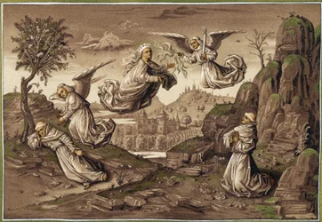 Visión de San Francisco de Asís, acuarela de Nordmann (San Francisco ve en un sueño el milagro del ángel que arroja sobre la tierra culpable ramas de fuego que Nuestra Señora apaga en sus manos) - en "San Francisco de Asís"