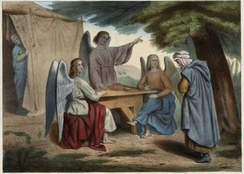 Visita de los Tres Ángeles a Abraham: Abraham se entera de que su esposa Sara (en el fondo), ya muy anciana, pronto le dará un hijo. Grabado anónimo de mediados del siglo XIX.