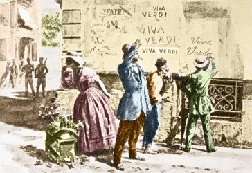 Viva Verdi: Inscripciones entusiastas para Giuseppe Verdi en Nápoles (reino de las dos Sicilias) bajo la ocupación austriaca en 1859, tras la prohibición de su ópera “Un Ballo in maschera” (V.E.R.D.I. = Vittorio Emanuele Re d