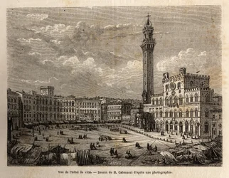Vista de la plaza del ayuntamiento de Siena, grabado para ilustrar un viaje a Siena (Italia) en 1865, en “Le tour du monde, nouveau journal des voyages” publicado bajo la dirección de Edouard Charton
