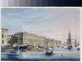 Vista del muelle del palacio en San Petersburgo (Rusia). (Del álbum de Marie Taglioni). Obra anónima, grabado realzado con acuarela, hacia 1840. Arte del siglo XIX, clasicismo. Museo Estatal de A. S. Pushkin, Moscú.