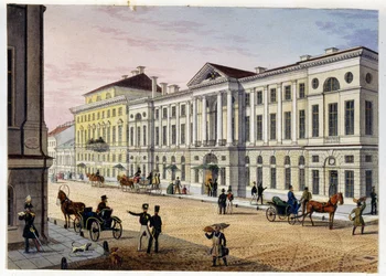 Vista exterior del Hotel des Postes de San Petersburgo (Álbum de Marie Taglioni) (Post Hotel en San Petersburgo (Álbum de Marie Taglioni). Aguafuerte y acuarela anónimos, década de 1840. Moscú, Museo Estatal de A.S. Pushkin.