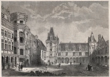 Vista exterior del castillo de Blois con la escalera monumental - Grabado en “Le Monde Illustré”