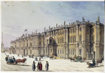 Vista del Palacio de Invierno de San Petersburgo (Álbum de Marie Taglioni).Anónimo aguafuerte y acuarela, década de 1840. Moscú, Museo Museo Estatal de A.S. Pushkin.
