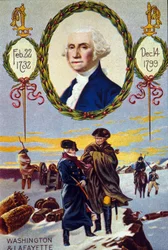 Guerra de Independencia de los Estados Unidos: el Marqués de Lafayette (1757-1834) se reunió con George Washington (1732-1799) en Valley Forge para ayudarlo en 1777. cromolitografía del siglo XIX